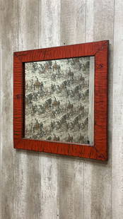 Vintage Chinese Red Linen Wrapped Square Mirror: Vintage Chinese Red Linen Wrapped Square Mirror This Vintage Chinese Province Red Linen Wrapped Square Mirror is a perfect piece to elevate any room. Hand crafted in the Shanxi Province of China, the