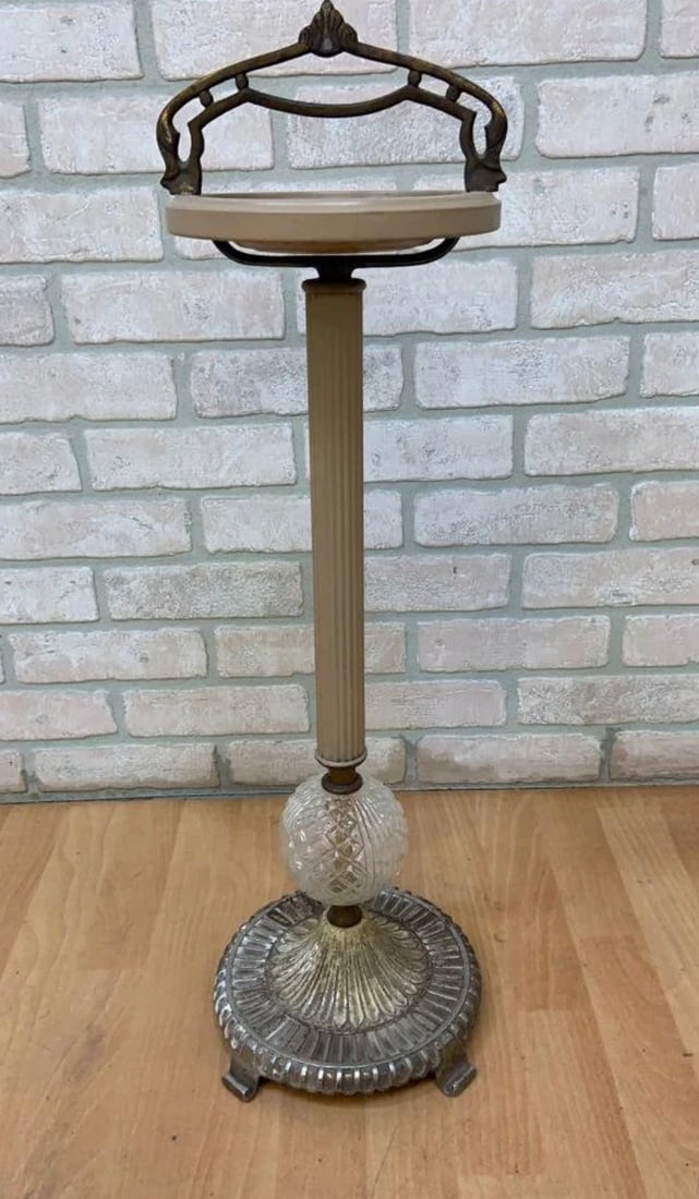 Art Deco Cast Iron and Crystal Cigar Ashtray Floor Stand with Forged Iron Handle (1 of 7)