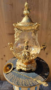 Antique French Gilt Bronze Ormolu Mounted Crystal Punch Bowl and Ladle - 2 Piece Set: Antique French Gilt Bronze Ormolu Mounted Crystal Punch Bowl and Ladle - 2 Piece Set Stunning Antique French Finely Detailed. Gilt-Bronze Ormolu Mounted, Large Diamond Cut Crystal Punch Bowl and Ladle