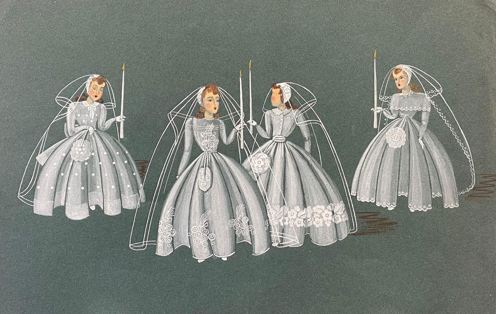 1940''s Fashion Illustration - Four Brides Holding Candles c. 1940''s: Title: 1940''s Fashion Illustration - Four Brides Holding Candles c. 1940''s Description: Very stylish, unique and original 1940''s fashion design by French illustrator Geneviève Thomas. The pain