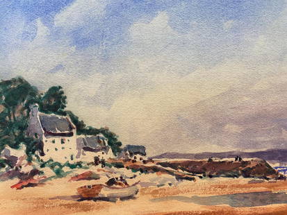 MAURICE MAZEILIE- FRENCH IMPRESSIONIST WATERCOLOUR - By The Shore: Title: MAURICE MAZEILIE- FRENCH IMPRESSIONIST WATERCOLOUR - By The Shore Description: Watercolour Beach Scene by Maurice Mazeilie (French) watercolour painting on paper, unframed stamped verso paintin
