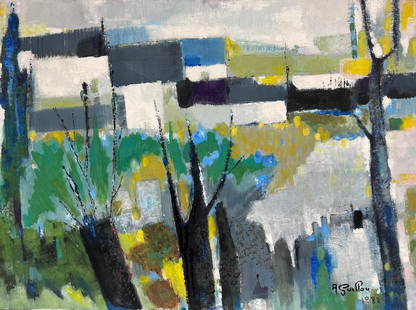 1980's French Modernist Signed Oil Abandoned Village Cubist Houses in Landscape 1982: Title: 1980's French Modernist Signed Oil Abandoned Village Cubist Houses in Landscape 1982 Description: Abandoned Village by Andre Guillou (French 1925-2017) signed oil on canvas, framed dated 1982 f