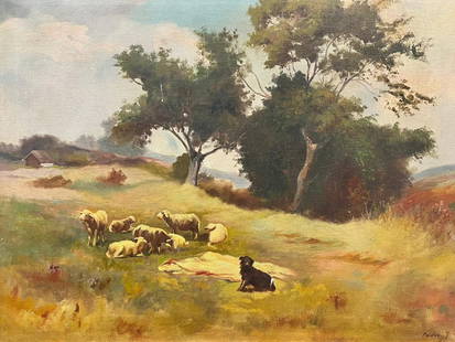 French Impressionist Signed Oil Sheep & Dog in Windswept Fields, framed: Title: French Impressionist Signed Oil Sheep & Dog in Windswept Fields, framed Description: The Sheep Dog French, mid 20th century signed oil painting on canvas, framed framed: 21 x 31 inches canvas: