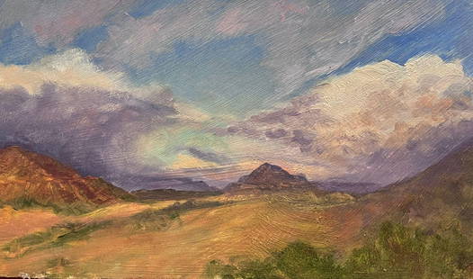 Namibia South African Landscape Purple Cloudy Sky over Fields, signed oil: Title: Namibia South African Landscape Purple Cloudy Sky over Fields, signed oil Description: Namibima by Geza Somerset-Paddon (British 20th century) oil painting on board, unframed size: 6 x 10 inche