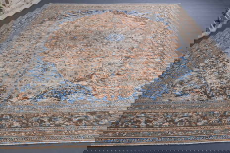 9'7x12' TURKISH RUG, Brown Beige Antique Oriental Hand-knotted Turkish Oushak Vintage Area: Title: 9'7x12' TURKISH RUG, Brown Beige Antique Oriental Hand-knotted Turkish Oushak Vintage Area Origin: Turkey Date/Period: 1960 - 1970 Materials: Wool and Cotton Size: Width: 9.7 feet Length: 12 fe