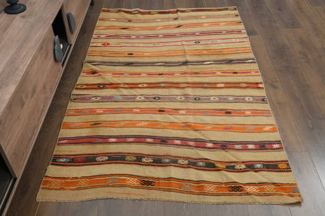 4.1x6.6 ft, STRIPED, MINIMALIST DECOR, Turkish Rug, Kilim, Vintage, Handmade, Home Decor: Title: 4.1x6.6 ft, STRIPED, MINIMALIST DECOR, Turkish Rug, Kilim, Vintage, Handmade, Home DecorOrigin: TurkeyDate/Period: 1960 - 1970Materials: Wool and CottonSize: Width: 4.1 feet Length: 6.6