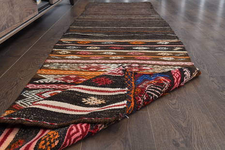 2'4x8'5 BROWN, FARMHOUSE DECOR, Kilim, Turkish Vintage Runner Rug, Handmade, Brown Orange Red,: Title: 2'4x8'5 BROWN, FARMHOUSE DECOR, Kilim, Turkish Vintage Runner Rug, Handmade, Brown Orange Red, Hallway RunnerOrigin: TurkeyDate/Period: 1960 - 1970Materials: Wool and CottonSize: Width: 2.4