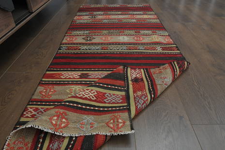 2'3x6'1 ft, STAIR DECOR, OUSHAK Rug, Turkish, Vintage, Pink Brown Striped, Nature: Title: 2'3x6'1 ft, STAIR DECOR, OUSHAK Rug, Turkish, Vintage, Pink Brown Striped, NatureOrigin: TurkeyDate/Period: 1960 - 1970Materials: Wool and CottonSize: Width: 2.3 feet Length: 6.1