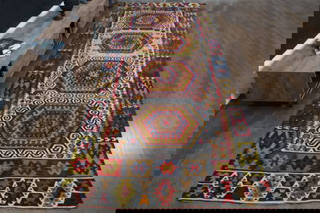 5'2x13'8 ft, COLORFUL KILIM DECOR, Vintage Turkish, White Pink, Decor Rug Boho, Wool Rug,: Title: 5'2x13'8 ft, COLORFUL KILIM DECOR, Vintage Turkish, White Pink, Decor Rug Boho, Wool Rug, Minimalist, Boho Chic, Design Origin: Turkey Date/Period: 1960 - 1970 Materials: Wool and Cotton Size: