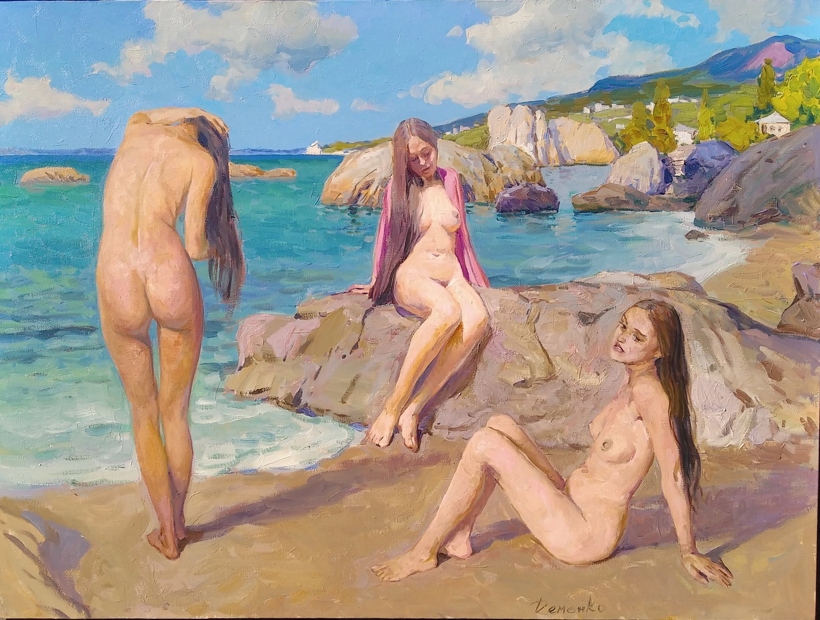 Demenko Anatoly - Nude bathers: Artist/Title: Demenko Anatoly - Nude bathers Date: 2022 Medium: oil on canvas Dimensions: 60 x 80 cm Description: Ukrainian famous artist, participant of exhibitions in Ukraine and Great Britain. Regu
