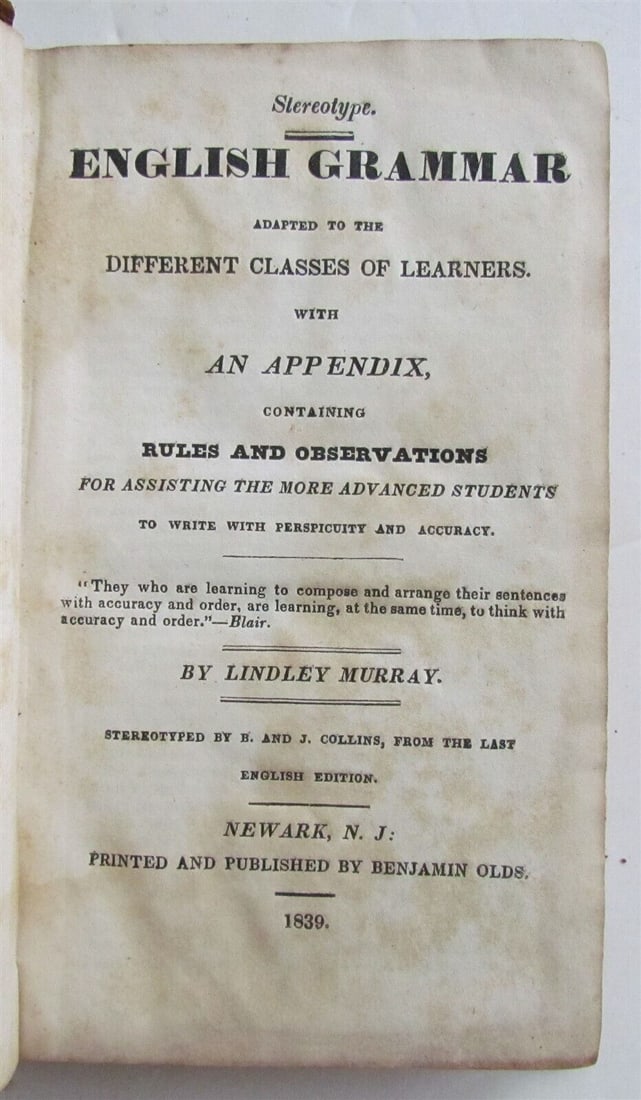 1839 ENGLISH GRAMMAR by LINDLEY MURRAY antique Newark NJ Americana (1 of 3)