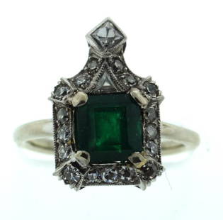 ART DECO C.1920 PLATINUM NATURAL COLUMBIAN EMERALD DIAMOND RING ENGAGEMENT: N-A000 C.1920 ART DECO PLATINUM DIAMOND EMERALD RING This unique and wonderful ring is circa 1920s. It is made of platinum, emerald & diamond. THE EMERALD IS NATURAL, COLUMBIAN, APPROX. 1.0 CTS,