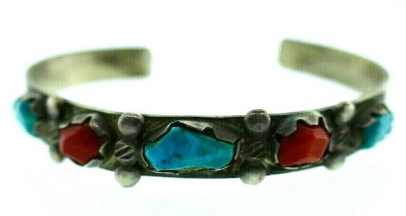 AMERICAN INDIAN Sterling Silver, Coral & Turquoise Bangle Bracelet: DK American Indian Sterling Silver, Coral & Turquoise Bangle Bracelet Vintage · This is a must for a collector. The weight is 13.6 grams. The length from within is 6.67 inches. The height is 3/8