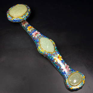 Chinese Bronze Cloisonne Inlay Hetian Jade Ruyi Scepter Statue: Title: Chinese Bronze Cloisonne Inlay Hetian Jade Ruyi Scepter StatueDate/Period: After1700Origin: ChineseDimension: 450x115(mm) 17.72x4.53(inches) Weight 2.57 lbs/1168gMaterials: Bronze