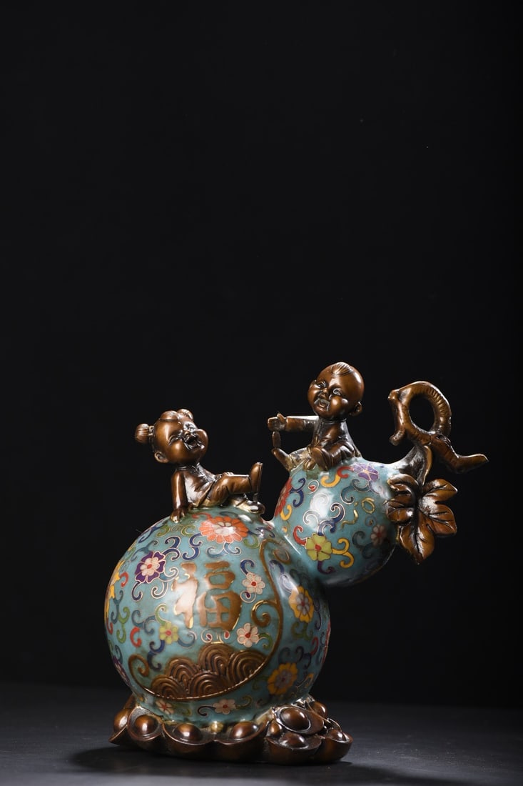 Chinese Bronze Cloisonne Gourd Statue w Fortune Boy & Girl (1 of 9)