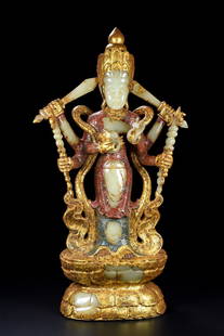 Old Chinese Gilt Gold Hetian Jade Kwan-yin Statue: Title: Old Chinese Gilt Gold Hetian Jade Kwan-yin Statue Date/Period: After1820 Origin: Chinese Dimension: 430x230x90(mm) 16.93x9.06x3.54(inches) Weight 11.42 lbs/5180g Materials: Hetian Jade Reserve: