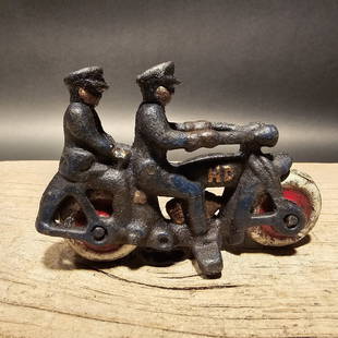 4" Vintage Style Cast Iron Toy Motorcycle: 4" Long x 3" tall Such a neat reproduction cast iron motorcycle! As you can see this heavy cast iron pull toy motorcycle was wonderfully hand painted and distressed to look like an original antique.