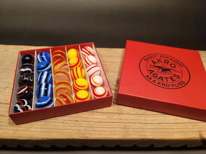 1" Akro Agates Marble set w Box: Box is 5 1/4"x 5 1/4" 1" Marbles as shown. Wonderful reproduction "fantasy box" with modern glass marbles . Great Set! All our items come with a 100% customer satisfaction guarantee. About the Items:
