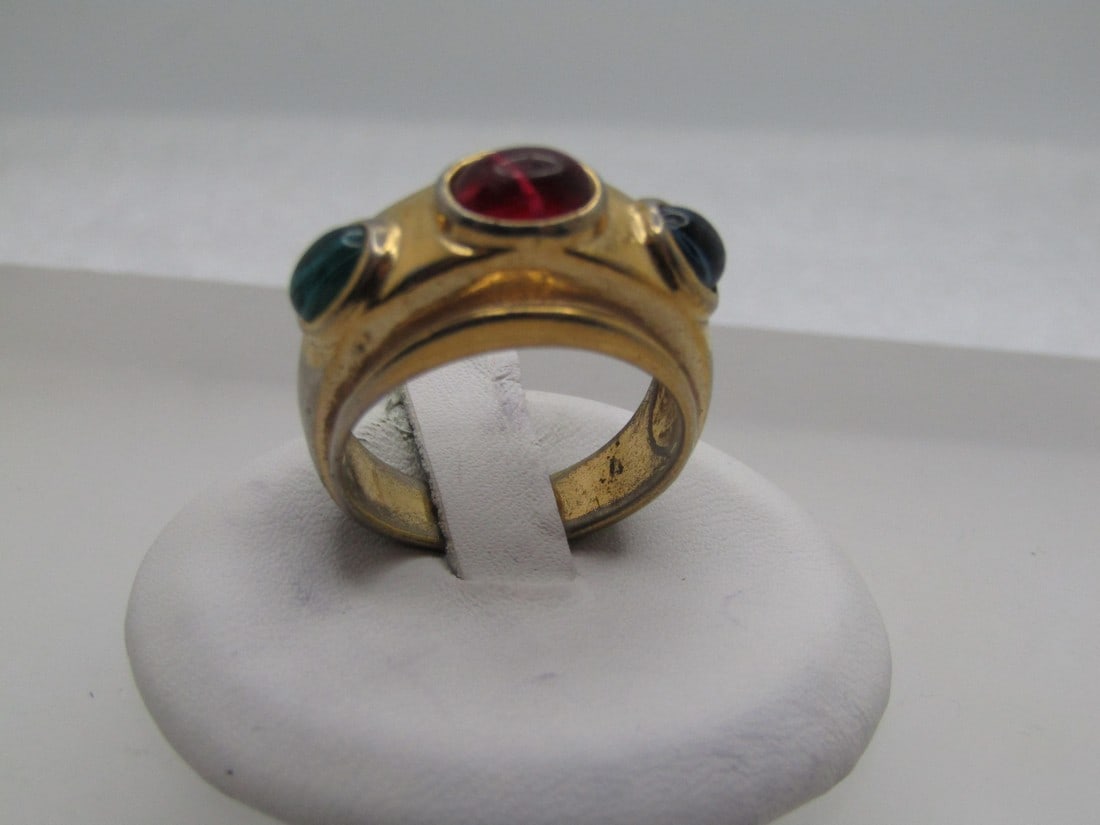 Vintage 14kt Electroplated Triple Stone Band ring, Sz. 7, 1980's-1990's, Glass Cab Mogul Gripoix: Vintage 14kt electroplated triple stone band ring, sz. 7, 1980's-1990's, glass cab mogul gripoix,. This is marked cab and signed espo (joseph esposito) and makred 14kt . Ep for electroplated. It is a 