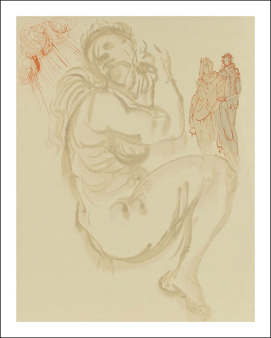 Salvador Dali: Salvador Dali Woodcut, Dante's dream - Purgatory 19: Artist: Salvador Dali Country: Spain Title: Dante's dream - Purgatory 19 Provenance: Suite Divine Comedy numbered Medium: Original Woodcut not signed or numbered Paper size: BFK Rives 13.40 x 9.80 inc