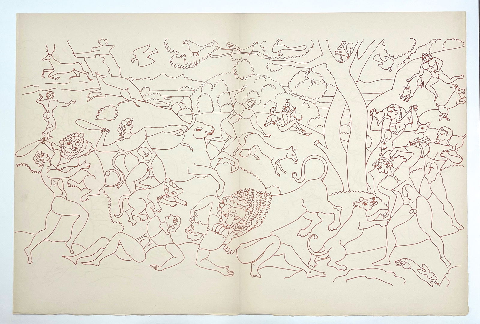 Andre Derain large lithograph, 1947: Medium: lithograph (after the tapisserie). This impression in sanguine ink was printed on Arches paper in 1947 at the atelier of Mourlot Frères and published by Georges Duval in an edition of 270 for