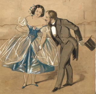 Original Antique 19th century Drawing Couple Dancing: Watercolor on paper 28 x 22 cm stains, folds, tears ref: g1 Reserve: $150.00 Shipping:Domestic: Flat-rate of $17.00 to anywhere within the contiguous U.S.International: Foreign shipping rates are