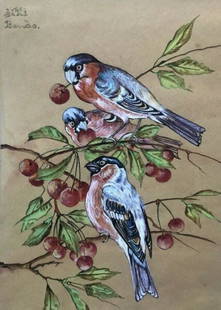 Antique Original Drawing Toshio BANDO (1895-1973) Perots, Birds, Cherry Tree: watercolor on paper 33 x 22 cm stains, folds Reserve: $250.00 Shipping: Domestic: Flat-rate of $17.00 to anywhere within the contiguous U.S. International: Foreign shipping rates are determined by des