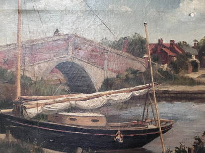 Antique Oil on canvas Old Painting Landscape, Bridge, Town and Boat: Oil on canvas 30 x 46 cm need to be cleaned, holes ref: E1023 Reserve: $800.00 Shipping: Domestic: Flat-rate of $45.00 to anywhere within the contiguous U.S. International: Foreign shipping rates are