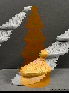 Christmas Tree Sculpture: Title: Christmas Tree Sculpture Date/Period: Late 20th Century Size: 8 inches high x 3.5 inches depth x 3.5 inches wide Materials: Wood Additional Information: Carved Wood Folk Art Christmas Tree Rese