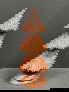 Christmas Tree Sculpture: Title: Christmas Tree Sculpture Date/Period: Late 20th Century Size: 9.5 inches high x 4 inches depth x 4 inches wide Materials: Wood Additional Information: Carved Wood Folk Art Christmas Tree Reserv