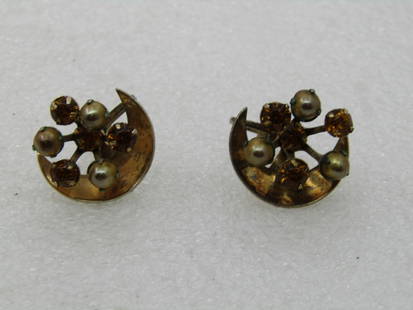 Vintage Sterling Rhinestone Crescent Earrings, Screw Back, 1950's-1960's: Vintage Sterling Rhinestone Crescent Earrings, Screw Back, Gold Over with a gold pearl finish on three beads in each earring. 1950's-1960's, appx. 3/4". Weight appx. 7.05 gr. Some finish wearon the go