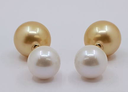 10.5x13.5mm Golden South Sea and White Edison Pearls - 18 kt. Gold - Earrings: Title: 10.5x13.5mm Golden South Sea and White Edison Pearls - 18 kt. Gold - Earrings Description: These earrings showcase a modern and iconic design. The timeless style is composed of two high quality