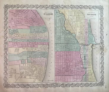 1859. St. Louis and Chicago by Colton: Title: 1859. St. Louis and Chicago by Colton Date/Period: 1859 Materials: Steel engraved Size: 17 1/2 x 14 1/2? St. Louis and Chicago. By J. H. Colton & G. W. Colton. From "General Atlas". Published i