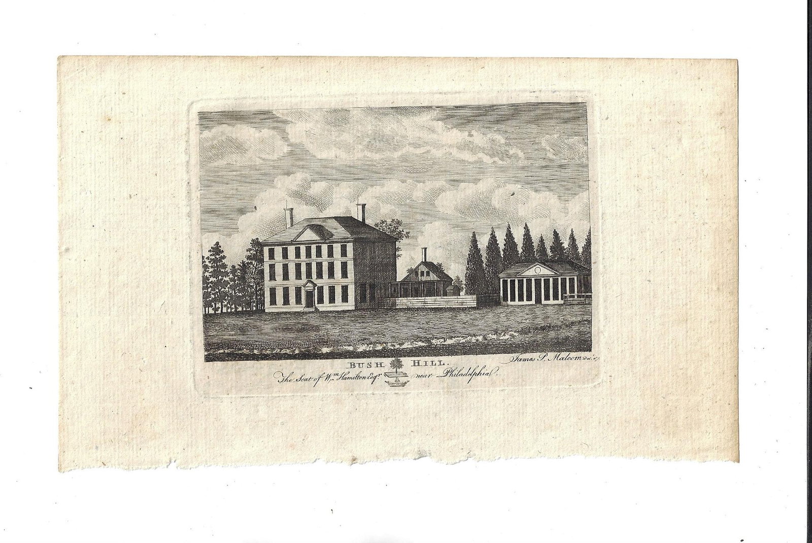 1787 Engraving Bush Hill Philadelphia: An engraving by James Peller Malcolm of "Bush Hill. The Seat of Wm. Hamilton Esq near Philadelphia", engraved for Universal Magazine in 1787. This lot is accompanied by the original description of the