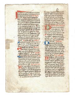 1480 Medieval Manuscript Law Leaf: A medieval law leaf on paper in Latin of French origin, circa 1480 with several initials in red and blue , one with nice scrollwork. Very Good, small marginal repair, measures 8.5 x 11.5". Reserve: $1