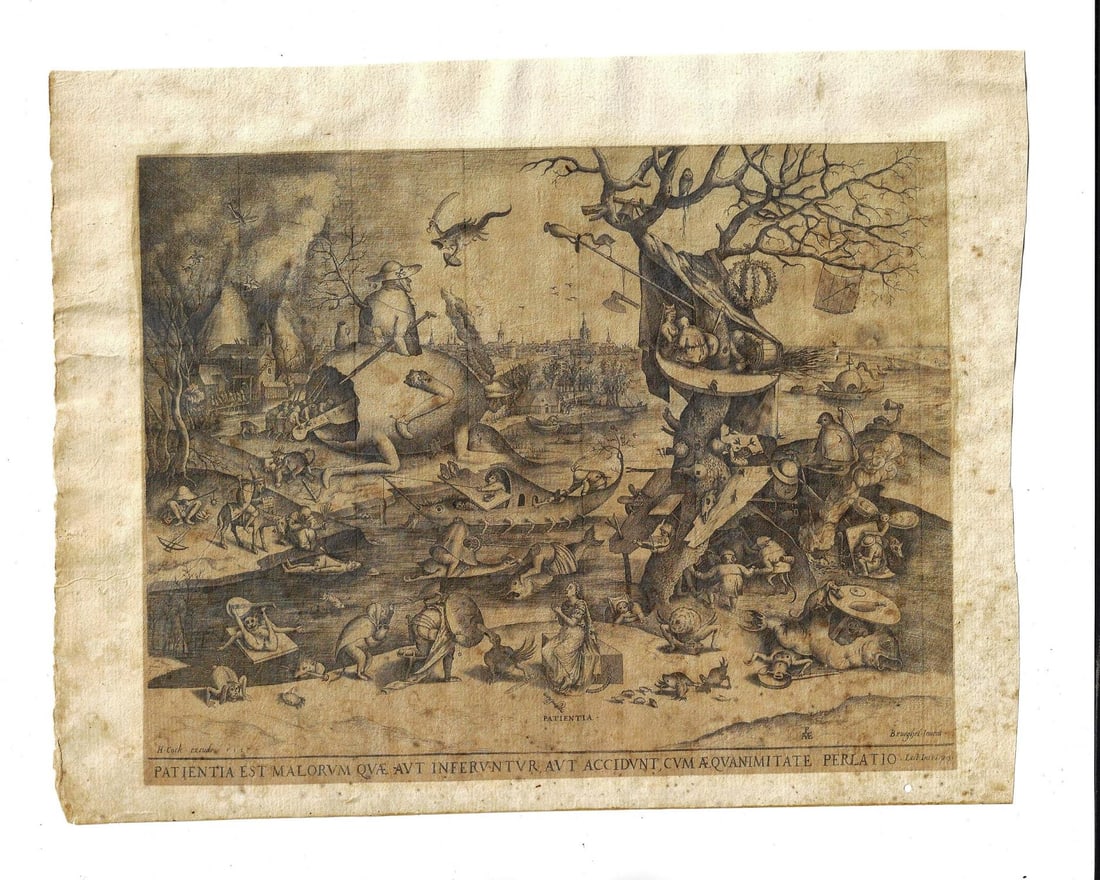 Pieter Brueghel Reproduction on 16th C Paper: A reproduction of an engraving after Pieter Brueghel the Elder (1525-1569) originally done in 1557 entitled "Patientia". On later 16th century paper. Very Good, measures 11 x 8.5". Reserve: $30.00 Shi