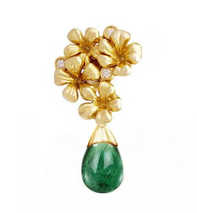 Emerald Contemporary Stud Earrings in Eighteen Karat Yellow Gold with Diamonds: These modern-style stud earrings are made of 18-karat yellow gold with detachable natural cabochon emerald drops measuring 9.5 x 7 x 6 mm each, totaling around 6 carats, and 6 round diamonds. They wer