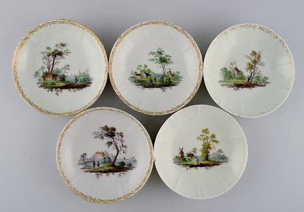 Five antique Royal Copenhagen porcelain bowls with hand-painted landscapes and gold decoration.: Five antique Royal Copenhagen porcelain bowls with hand-painted landscapes and gold decoration. Museum quality. Early 19th century. Measures: 14.5 x 3.5 cm. In good condition. All with small chip and