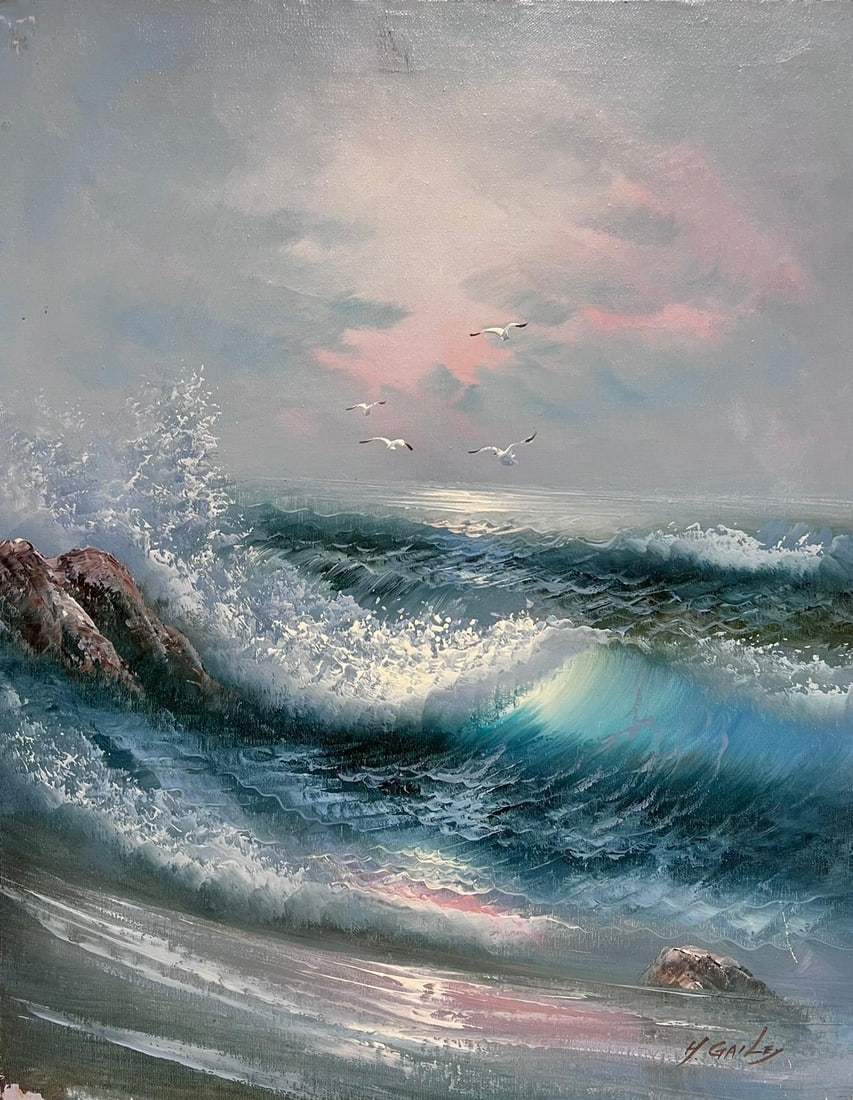 Crashing Waves Foaming Sea Seagulls Signed French 20th century oil painting (1 of 20)