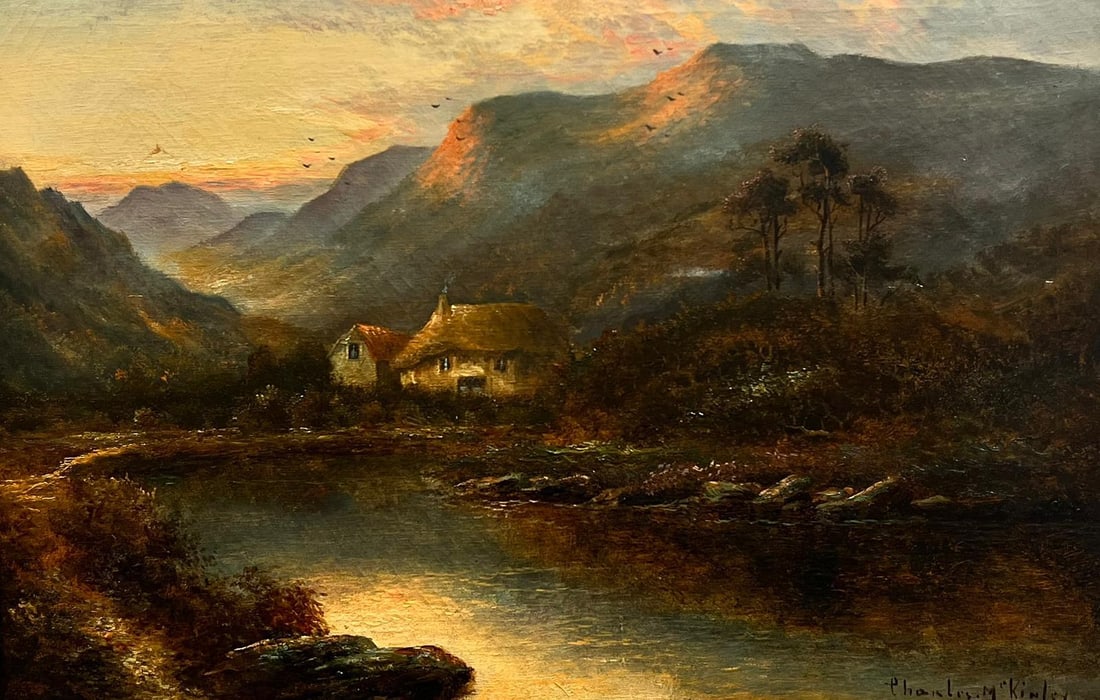 Antique Scottish Signed Oil Sunset over Loch Side Cottages and Mountains: Title: Antique Scottish Signed Oil Sunset over Loch Side Cottages and Mountains Description: The Scottish Highlands Charles M.C Kinley (British antique) signed oil painting on canvas, framed framed: 1