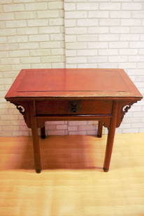 Antique Country-Style Chinese Red Lacquer Altar Desk/Console Table: Antique Country-Style Chinese Red Lacquer Altar Desk/Console Table Small Chinese red lacquer altar table, the top with mitered corners over a pair of brackets centering a single drawer with a brass