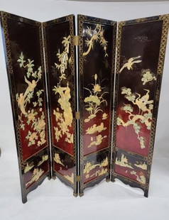 Vintage Chinese Export Four Panel Red & Black Mother of Pearl Coromandel Lacquered Hand Painted: Vintage Chinese Export Four Panel Red & Black Mother of Pearl Coromandel Lacquered Hand Painted Screen Room Divider Gorgeous Black & Red Lacquer Finish with Hand Painted Artwork and Hand Carved Mother