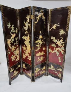 Vintage Chinese Export Four Panel Red & Black Mother of Pearl Coromandel Lacquered Hand Painted: Vintage Chinese Export Four Panel Red & Black Mother of Pearl Coromandel Lacquered Hand Painted Screen Room Divider Gorgeous Black & Red Lacquer Finish with Hand Painted Artwork and Hand Carved