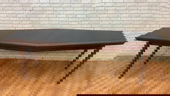 Mid Century Danish Walnut Narrow Boat Shaped Console Table with Black Laminate Inlay: Mid Century Danish Walnut Narrow Boat Shaped Console Table with Black Laminate Inlay This rare Florence Knoll style Danish walnut boat shaped console table will bring any mid-century room to life. The