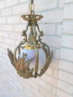 Antique Nautical Theme Ornate Brass Pendant Light with a Milk Glass Etched Glass Globe: Antique Nautical Theme Ornate Brass Pendant Light with a Milk Glass Etched Glass Globe This rare and unique nautical theme pendant light would be a great addition to a lake/beach home or a cabin.