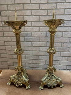 Antique French Ornate Gilt Bronze Ormolu Pricket Candlesticks - Pair: Antique French Ornate Gilt Bronze Ormolu Pricket Candlesticks - Pair This rare matching set of Antique solid brass handcrafted candle holders on triangular shaped base with lion paw feet. Circa 1910 <