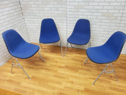 Mid Century Modern Eames for Herman Miller Molded Fiberglass Shell Chairs - Set of 4: Mid Century Modern Eames for Herman Miller Molded Fiberglass Shell Chairs with Alexander Girard Blue Upholstery - Set of 4 Circa 1970 H 32" W 18" D 15" Seat H 16" Great condition Please be aware that