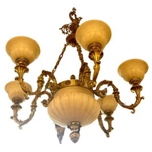 Bronze and Alabaster Chandelier having Six Lights: Title: Bronze and Alabaster Chandelier having Six LightsDescription: A Victorian cast bronze and alabaster six light chandelier.Details: A Victorian cast bronze and alabaster six light chandelier.