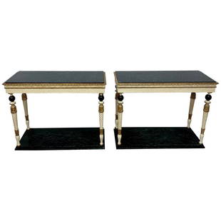 Pair of Swedish Neoclassical Maison Jansen Marble-Top Console Tables, French: Title: Pair of Swedish Neoclassical Maison Jansen Marble-Top Console Tables, FrenchDescription: Pair of Swedish Neoclassical Maison Jansen marble-top console tables, French A pair of neoclassical