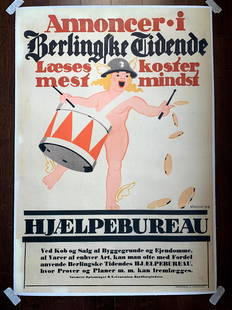 Annoncer - Hjaelpebureau - Art By Thor Bogelund Jensen (1918) 23.25" X 34.5" Danish Advertising: Annoncer - Hjaelpebureau - Art By Thor Bogelund Jensen (1918) 23.25" X 34.5" Danish Advertising Poster LB Reserve: $489.00 Shipping:Domestic: Flat-rate of $42.00 to anywhere within the contiguous